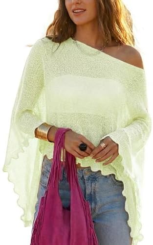 MAKABO Women's Crochet Sheer Poncho Top Lightweight Sparkly Shrug Pullover Knit Bolero Sweater Cover Up Beachwear
