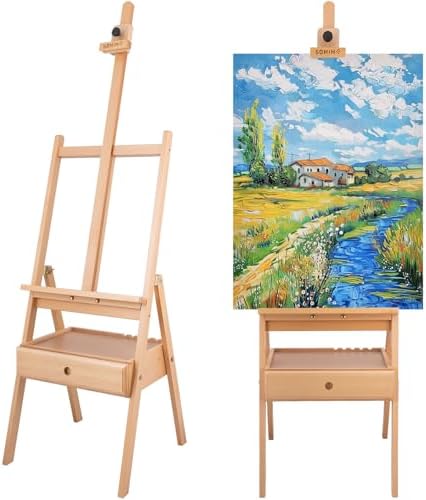 Large Beechwood H-Frame Studio Easel Stand with Storage Drawer, Natural | Height Adjustable to 35Inches High, Suitable for Painting, Sketching and Displaying