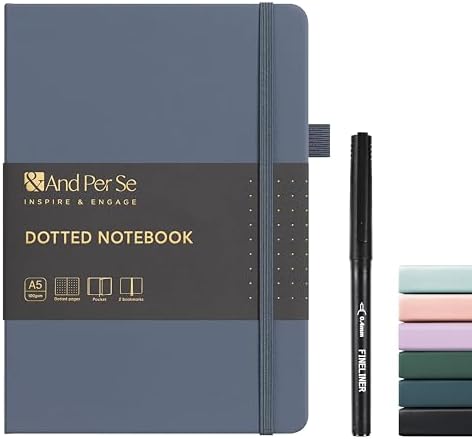 &And Per Se Dotted Notebook with Pen, A5 Hardcover Dotted Journal, 160 Pages 100GSM Thick Paper Dot Grid Journal with Fineliner Pen (Dark Blue)