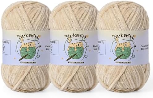 3 Pack of 300g (590yds) Fuzzy Chenille Yarn for Crocheting,Fluffy Amigurumi Crochet Yarn for DIY Craft/Hat/Clothes, Soft Velvet Baby Blanket Yarns（3 Beige）