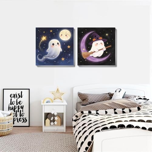 pchmcu 2 Pcs Halloween Paint by Numbers Kits for Kids Framed - DIY Ghosts Adults' Paint-by-Number Kits on Canvas,Small Easy Acrylic Oil Painting for Home Wall Decor 8x8 inchs