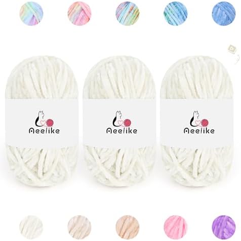 Aeelike 3 Pack Chenille Yarn,Soft Polyester,Each 100g/10.5oz 197yds,White