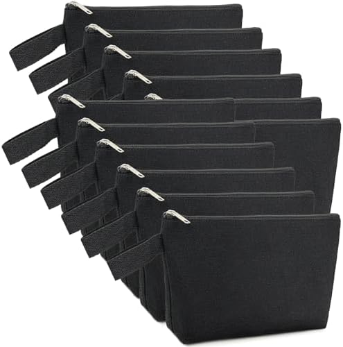 12PCS Black Canvas Pouch with Zipper, 12Oz Heavy Duty Cotton Canvas Fabric Pouches with Handle & Flat Bottom for Cosmetics Makeup Toiletry Stationery Organization, DIY Crafts (S, 9x4.7x1.5'')