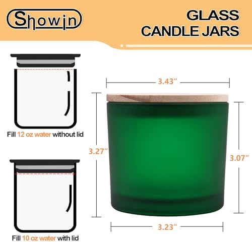 SHOWIN 12 OZ Thick Candle Jars for Making Candles 12 Pcs, Empty Jars with Wood Lids for Spice Jars, Sample Container, Frosted Green
