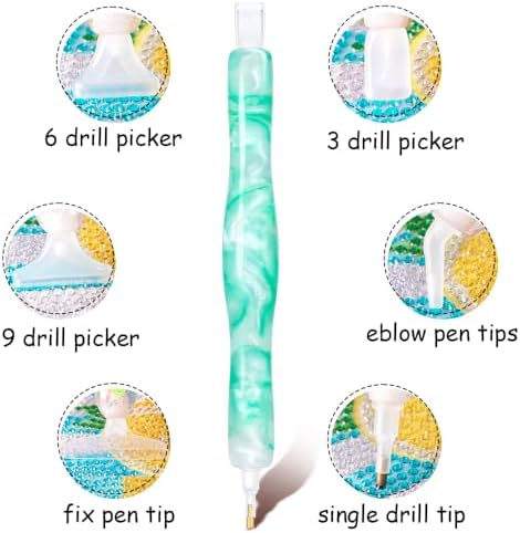 RaySoar Diamond Painting Art Drilling Dot Pen with Tips Nibs Placers Tool Accessories for Adults, Gem Rhinestone Picker Stylus Green White