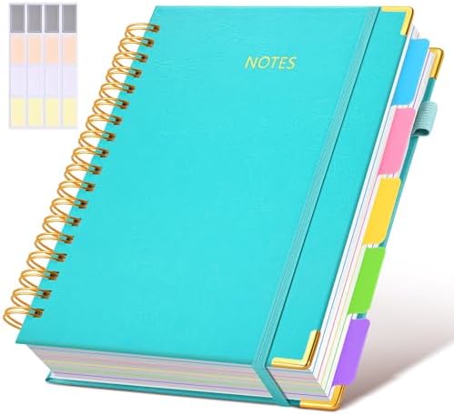 Hardcover Spiral Notebook Journal with Removable Dividers Tabs, 300 Pages Leather 5 Subject Notebook College Ruled, 8"x10" Large B5 Notebooks for Work School Note taking, Lined Journal for Women, Blue