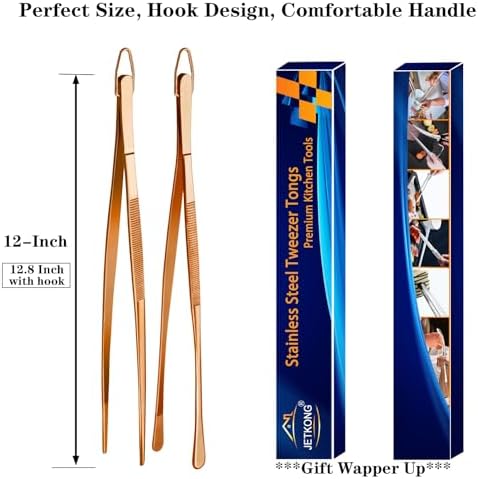 JETKONG 2 Pcs 12-Inch Kitchen Tweezers Cooking Tweezer Tongs Stainless Steel Long Food Tweezers (Rose Gold)
