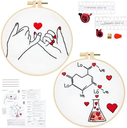 Valentine's Day Embroidery Kits for Beginners Adults, Romance Love Heart Embroidery Needlepoint Kits, Hand Stamped Cross Stitch Kits for Beginners Adults, 2 Embroidery Hoops (Attached Video Tutorial)