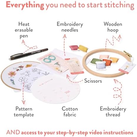 Clever Poppy Floral Stitch Sampler Beginner Embroidery Kit – Easy Embroidery Kit for Beginners with Hoop, Thread & Patterns – Hand Embroidery Kit for Adults and Teens – Complete Embroidery Starter Kit