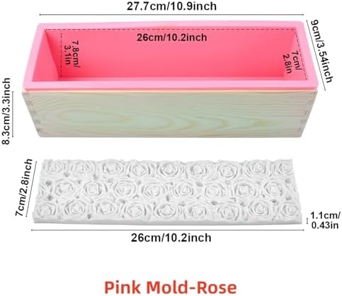 Loaf Soap Making Kit, 44oz Silicone Soap Making Liner Wood Box with Beehive & Hexagon & Rose Mat Creative Honeycomb Mat Mold for DIY Soap Making (Purple & Pink) (Pink Mold-Rose)