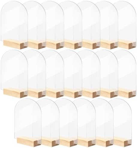 Bercoor 20 Pack 4x6 Inch Blank Clear Arch Acrylic Sign with Wooden Stands, Arched Round Top Acrylic Sheet, DIY Acrylic Arch Table Numbers for DIY Name Card Gifts Event Party Sign Decoration
