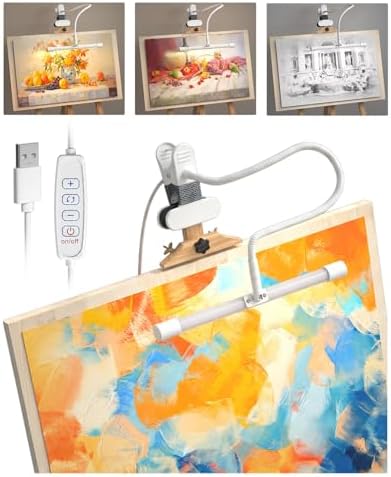 Clip-On Easel Lights for Painting,7W Artist Lamp,3 Color Modes,10 Brightness Levels,Flexible Gooseneck Clip Light for Easel,Desk,Piano,Monitor,USB Powered & No Battery(Adapter Not Included & White)