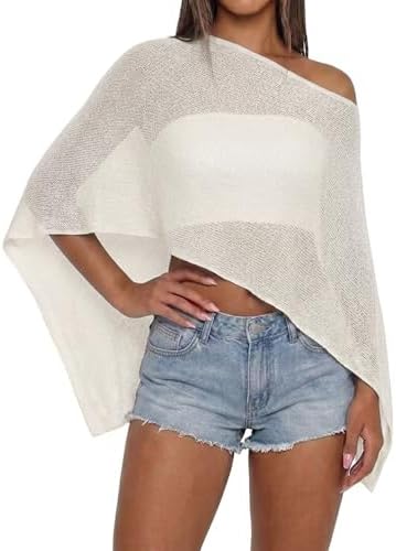 Women Sheer Knit Poncho Top Beach Cover Up Lightweight Crochet Shrug Y2k Summer See Through Shawl