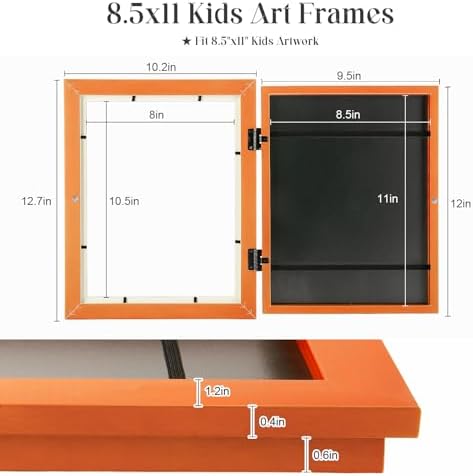 [2-Pack] Kids Art Frames, 8.5x11 Front Opening Kids Artwork Frames Changeable, Orange Artwork Display Storage Frame for Wall, Holds 50 Pcs, for 3D Picture, Crafts, Children Drawing, Hanging Art,