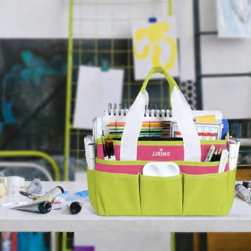 JJRING Craft Organizer Tote Bag Art Storage Caddy Bright Green and Red | With Multiple Pockets For Sewing, Scrapbooking, School, Medical, And Office Supplies