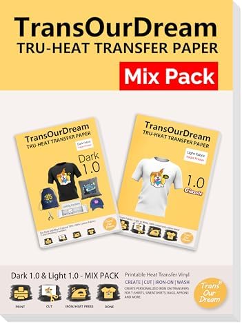 TransOurDream Tru-Heat Transfer Paper for Dark and Light Fabric (20+20 Sheets, 8.5x11", Mix Pack) Printable HTV Heat Transfers Vinyl for Inkjet Printers Iron on Transfers for T Shirts