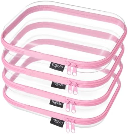 YQBRAO Clear Hard Shell Zipper Cases, 4 Medium Makeup Organizers, Pink