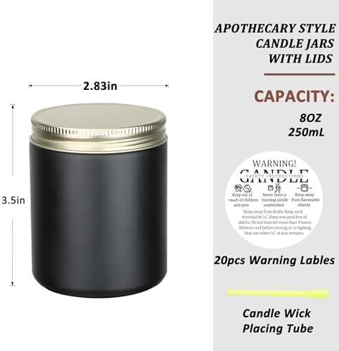 MILIVIXAY 20 Pack 8 OZ Thick Glass Matte Black Candle Jars with Golden Lid-Bulk Empty Candle Jars for Making Candles-Canning Jar for Spice, Liquid, Sample- Dishwasher Safe.