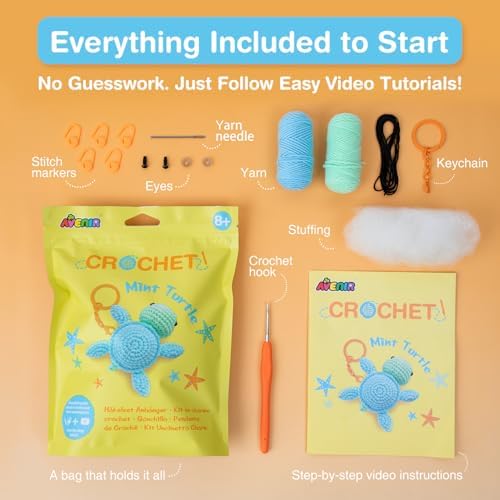 Avenir Crochet Kit for Beginners, Mint Turtle Animal Keychain Craft Set