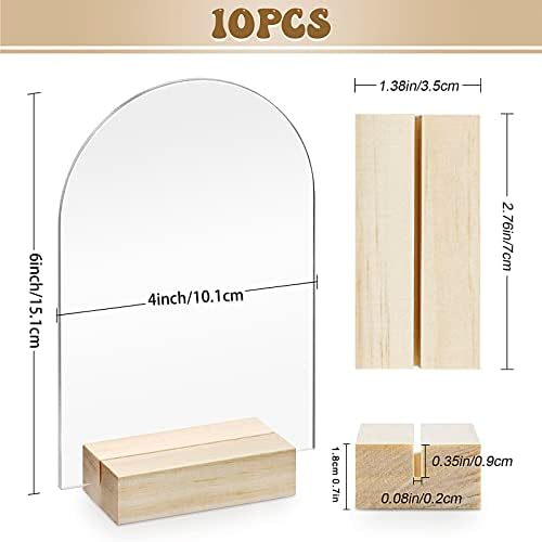 Bercoor 10 Pack 4x6 Inch Blank Clear Arch Acrylic Sign with Wooden Stands, Arched Round Top Acrylic Sheet, DIY Acrylic Arch Table Numbers for DIY Name Card Gifts Event Party Sign Decoration