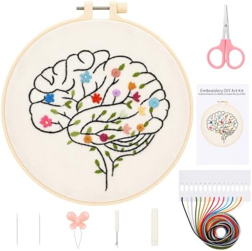 Fanfanwin 1 Set Brain Embroidery Kit for Beginner Floral Brain Cross Stitch Kits Easy Embroidery with Hoop, Needles, Threads, Instruction Threads Tools DIY Craft Art for Mental Health Mindfulness Gift