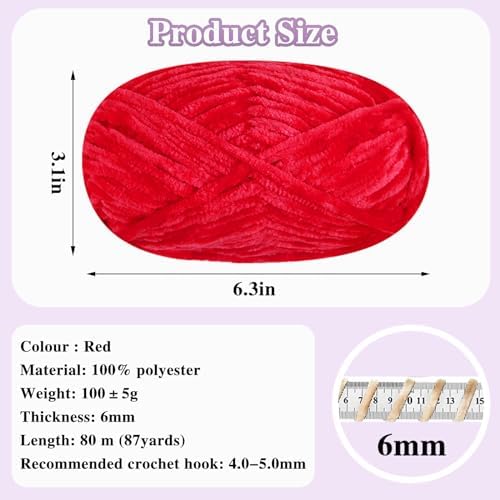 4 PCS 400g Soft Chenille Velvet Yarn for Crocheting,Fluffy Warm Yarn for Knitting and Crochet DIY Craft Blanket Bag Hat Scarve Clothe Gloves Slippers Doll (Red)
