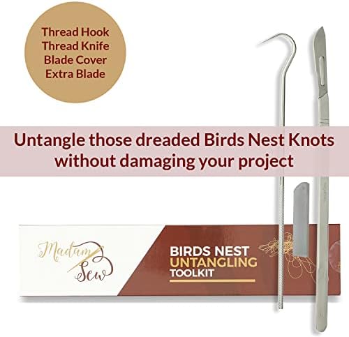 Madam Sew Birds Nest Untangling Tool Kit – Thread Hook and Stitch Releaser Set with Spare Blade Resolves Thread Bunching Under Fabric and Embroidery Hoops – Long Steel Quilting and Sewing Tools