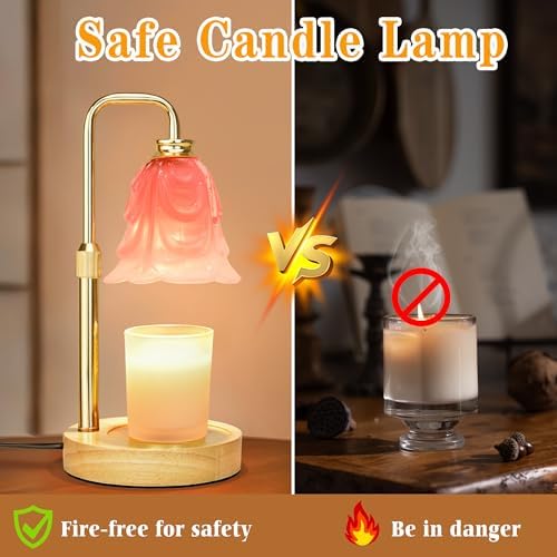 XJZJY Pink Glass Flower Candle Warmer Lamp with Timer, Home Decor Gifts | Dimmable wax melt warmer with 2 bulbs for jar candles, height adjustable, pink tulip design, home decor, housewarming gifts