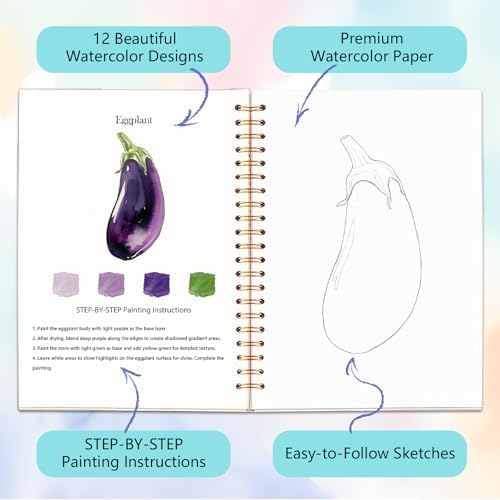 Easy Watercolor Workbook for Beginners - 12 Beautiful Step-by-Step Paintings Water Coloring Book, Includes 18 Colors Paints, Relaxing Art Projects and Creative Gift for Adults & Teen (Vegetables)