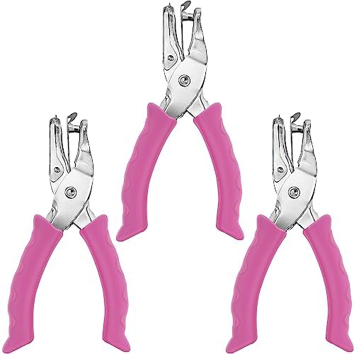 Single Hole Punch Paper Hole Puncher for Crafts, One Hole Punch with Pink Soft Grip Handle, Hole Punchs for Kids and Adults, Handheld Circle Punch for Paper Crafts in Home, Office, Classroom, 3Pack