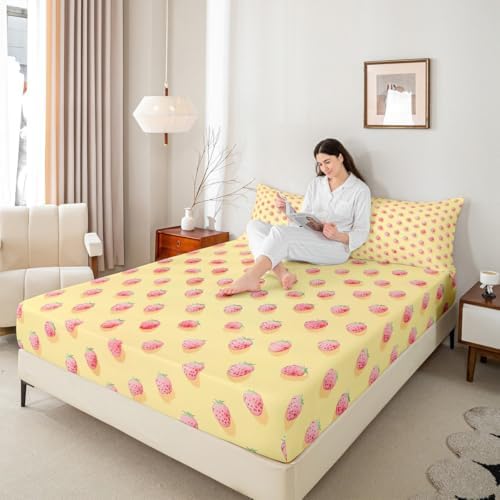 Cute Strawberry Pattern Bed Sheet Set Queen Size Pink Cute Fruit Theme Mattress Cover Rustic Warm Style Sheets for Boys Girls Bedroom Yellow with Flat,Fitted Sheet Pillowcase 4Pcs