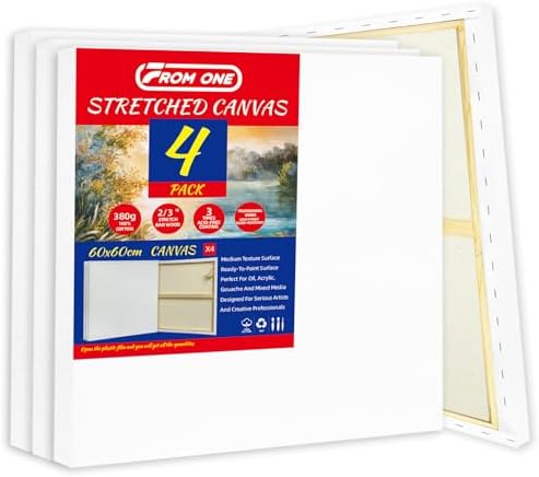 4-Pack 24x24 Square Stretched Canvas Cotton for Oil & Acrylic (60 x 60 cm) | 380gsm 100% cotton, triple acid-free gesso, no bleed warp resistant, for mixed media