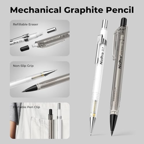 Nicpro 26PCS Art Drawing Supplies Kit, Mechanical Pencils Set 0.5, 0.7, 0.9 & 2mm, 100 Sheets Sketch book, 172PCS Lead Refills, School Supplies Gifts for Artist Adults Teens Girls Boys Sketching
