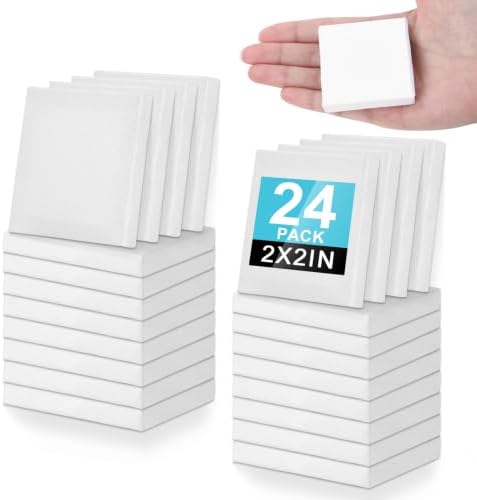 ESRICH Mini Stretched Canvas 24Pack 2x2inch, 2/5''Profile Art Primed Canvases for Painting, Cotton Small Professional Stretched Canvas for Kids and Art Supplies.