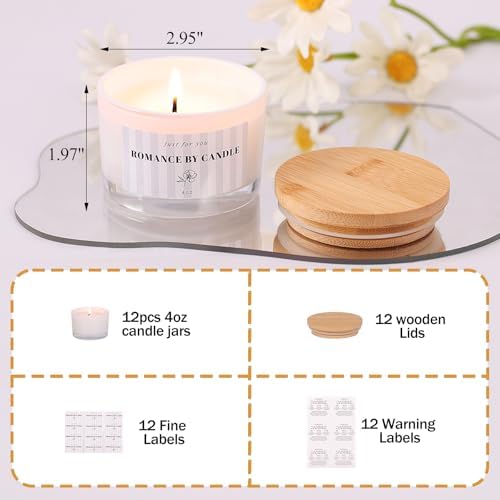 12 Pcs 4 oz White Glass Candle Jars with Lids& Labels for Candle Making