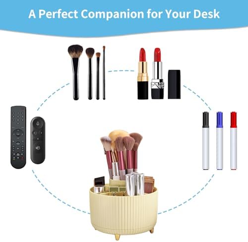 Marbrasse Desk Organizer, 360-Degree Rotating Pen Holder, Desk Organizers and Accessories with 5 Compartments Pencil Holder, Art Supply Storage Box Caddy for Office, Home (Yellow)