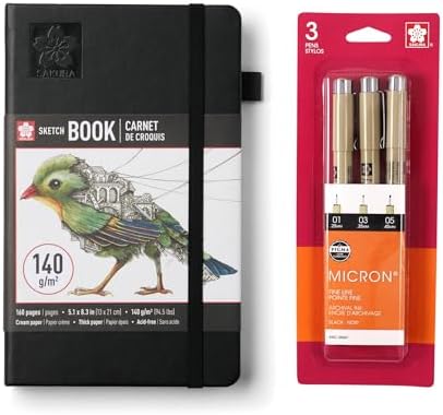 Sakura A5 Sketchbook & Pigma Micron Bundle, 3-Pack Fineliner Pen Set