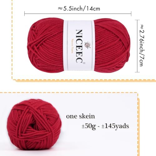 NICEEC 300g Soft Assorted Colors Yarn 100% Acrylic 870yds -Red51#