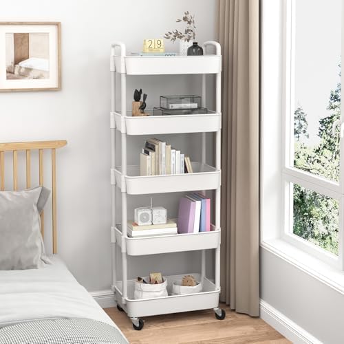 Sywhitta 5-Tier Plastic Rolling Utility Cart with Wheels for Storage,White