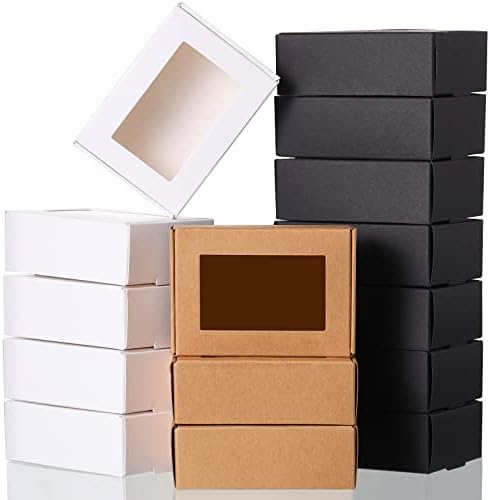 Zonon 30 Pcs Soap Boxes for Homemade Packaging, Mini Kraft Boxes with Window for Bakery Candy Soap Making Gift Packaging, 3.7x2.6x1.4 Inch (Black Brown White)