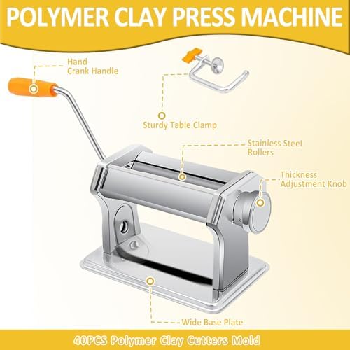 Polymer Clay Press Machine,Clay Rolling/Roller Machine,6 Thickness Options | 40 PCS Polymer Clay Cutters Mold, Stainless Steel Handmade Clay Mixers Machine, 5.91" Wide Roller for Earrings & DIY Crafts