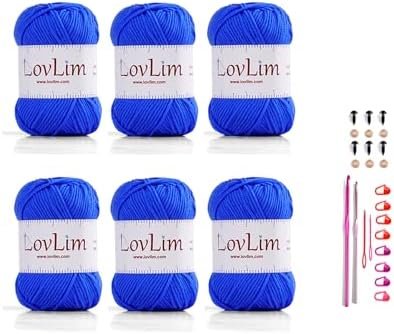 Yarn Pack, 6 skeins of 50g Each, Soft Cotton Yarn for Crochet and Knitting, Craft DK Amigurumi Yarn (Six Royal Blue)