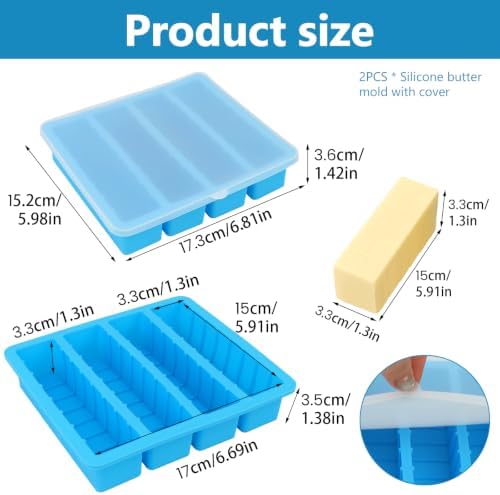 2Pcs Silicone Butter Mold with Lid, Non-Stick Silicone Butter Mold Tray with Scale Marking for Homemade Butter, Standard Size Mold for Soap Bar, Energy Bar, Cake, Chocolate (Blue)