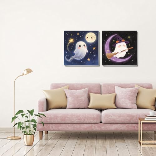 pchmcu 2 Pcs Halloween Paint by Numbers Kits for Kids Framed - DIY Ghosts Adults' Paint-by-Number Kits on Canvas,Small Easy Acrylic Oil Painting for Home Wall Decor 8x8 inchs
