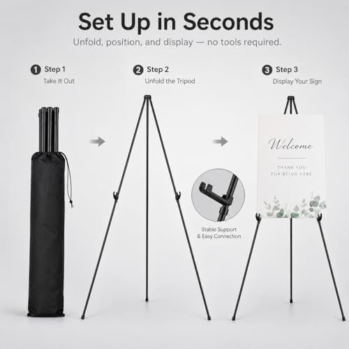 RRFTOK 2 Pack 63 in Sign Easel Stands, Instant-Fold Tripods with Bags | Instant-fold metal tripod with carry bag for welcome sign, poster display, foam board and floor use