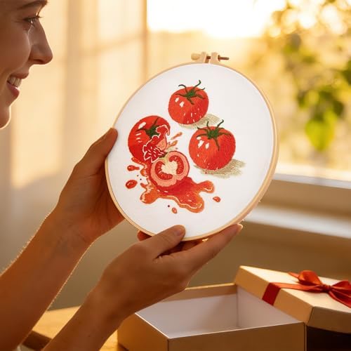 Tomato Embroidery Kits for Beginners Adults, Hand Embroidery Starter Kit, Cross Stitch Kits for Beginners DIY Craft Kits for Adults Women, Entire Set of Embroidery Supplies【Full-length Video Tutorial】