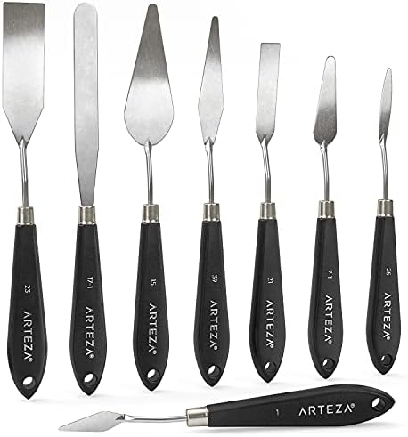 Arteza Palette Knives 8-Pack, Sizes No. 1, 25, 7, 15, 39, 23, 17, 21, Durable Stainless Steel Blade & Break-Resistant Wooden Handle, Art Supplies for Oil & Acrylic Painting