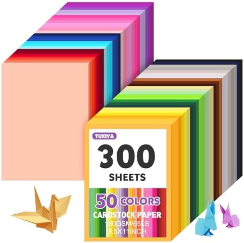 TUXIYA 300 Sheets 8.5" X 11" Colored Cardstock, 50 Colors Card Stock | 50 Assorted Colors Construction Paper Printer Paper for Printing, Card Making, DIY Crafts, School Supplies,Party 180GSM/65LB