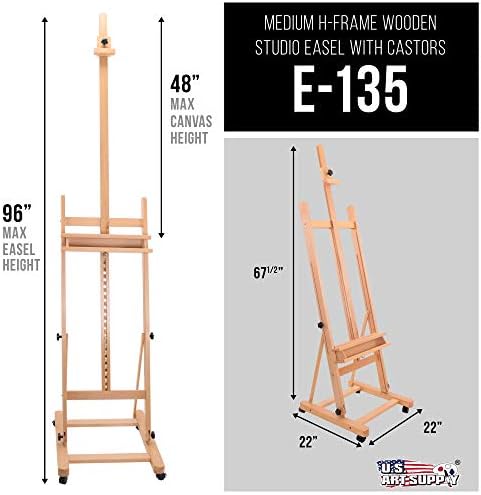 U.S. Art Supply Medium Wooden Studio H Frame Easel with Storage Tray | Also includes Wheels - Adjustable to 96" High, Holds 48" Canvas - Beechwood Artist Easel for Painting, Art Display, Portraits