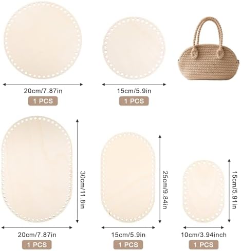 5 Pcs Wooden Basket Bottom for Crocheting, 5 Sizes Wooden Round Oval Blank Solid Crochet Basket Base for DIY Basket - Weaving Supplies, Home Decoration